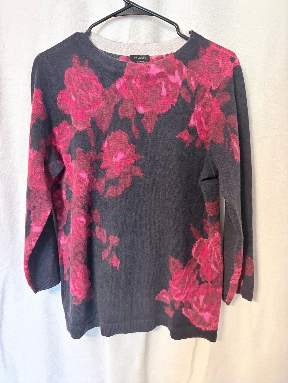 Talbots Cashmere Black Sweater with Bright Pink Rose Pattern